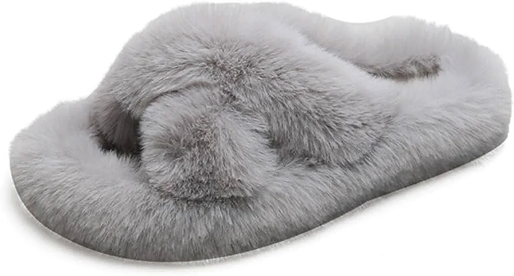 Crazy Lady Women's Fuzzy Fluffy Furry Fur Slippers Flip Flop Winter Warm Cozy House Memory Foam Sandals Slides Soft Flat Comfy Anti-Slip Spa Indoor Outdoor Slip on Light