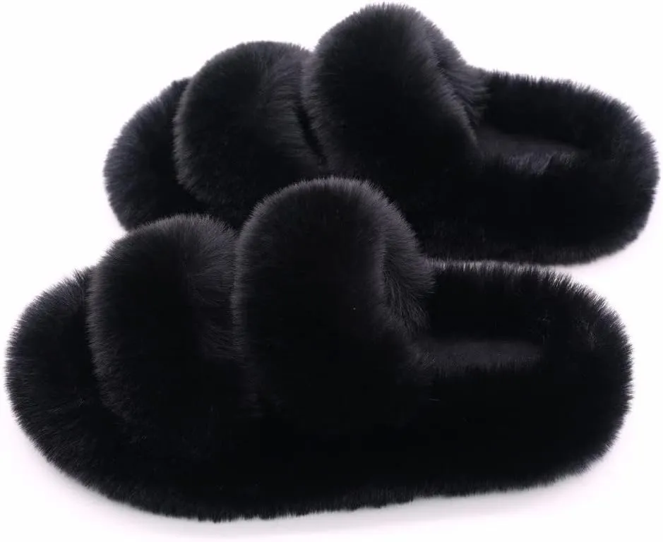Crazy Lady Women's Fuzzy Fluffy Furry Fur Slippers Flip Flop Winter Warm Cozy House Memory Foam Sandals Slides Soft Flat Comfy Anti-Slip Spa Indoor Outdoor Slip on Light