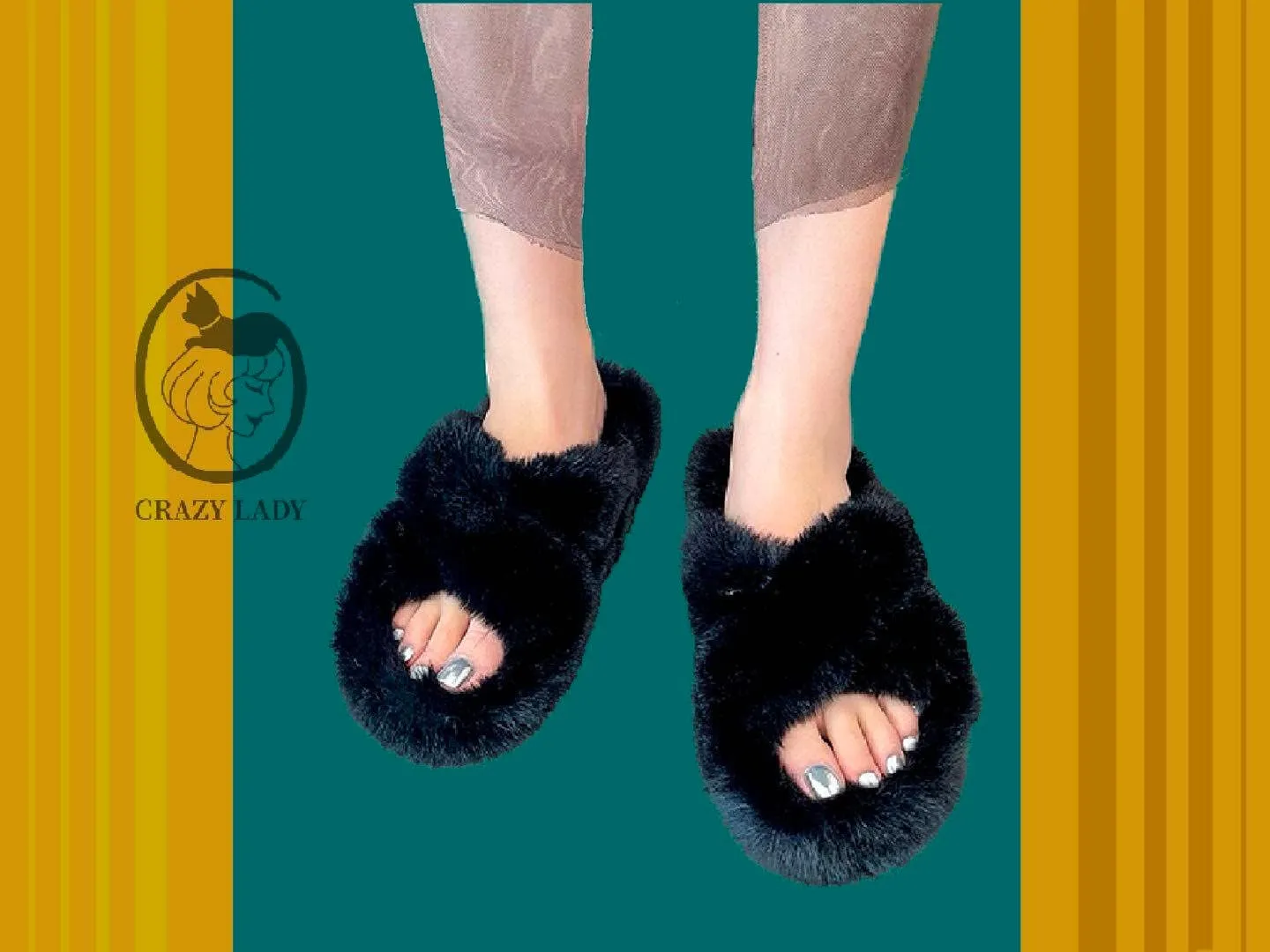 Crazy Lady Women's Fuzzy Fluffy Furry Fur Slippers Flip Flop Winter Warm Cozy House Memory Foam Sandals Slides Soft Flat Comfy Anti-Slip Spa Indoor Outdoor Slip on Light