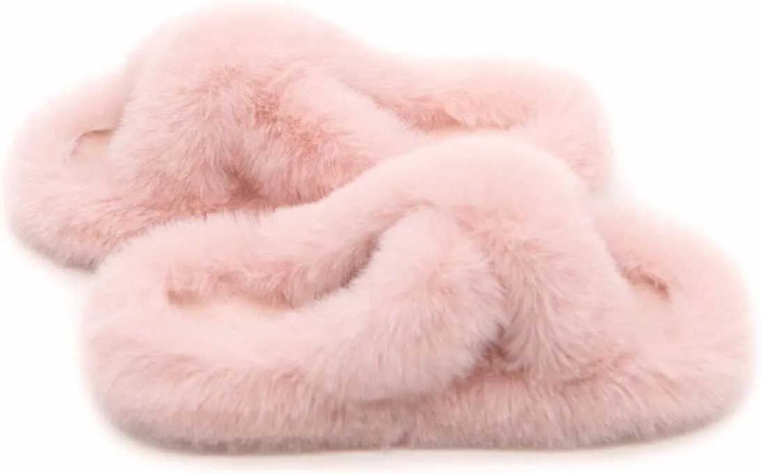 Crazy Lady Women's Fuzzy Fluffy Furry Fur Slippers Flip Flop Winter Warm Cozy House Memory Foam Sandals Slides Soft Flat Comfy Anti-Slip Spa Indoor Outdoor Slip on Light