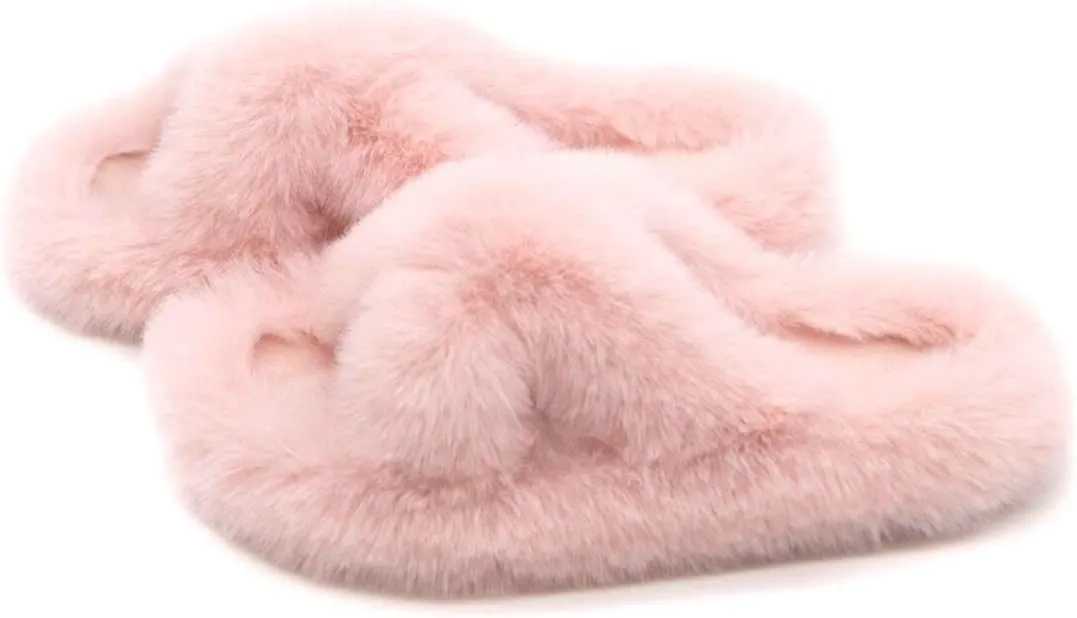 Crazy Lady Women's Fuzzy Fluffy Furry Fur Slippers Flip Flop Winter Warm Cozy House Memory Foam Sandals Slides Soft Flat Comfy Anti-Slip Spa Indoor Outdoor Slip on Light