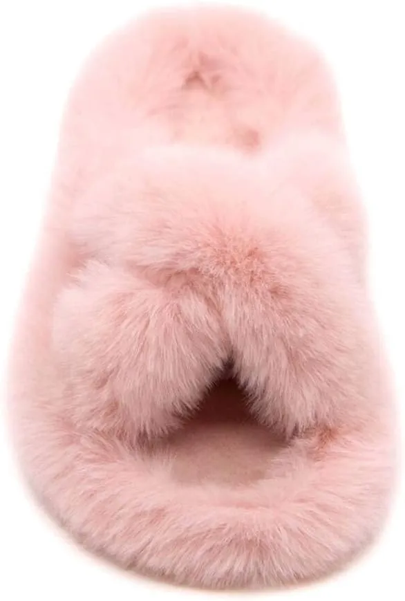 Crazy Lady Women's Fuzzy Fluffy Furry Fur Slippers Flip Flop Winter Warm Cozy House Memory Foam Sandals Slides Soft Flat Comfy Anti-Slip Spa Indoor Outdoor Slip on Light