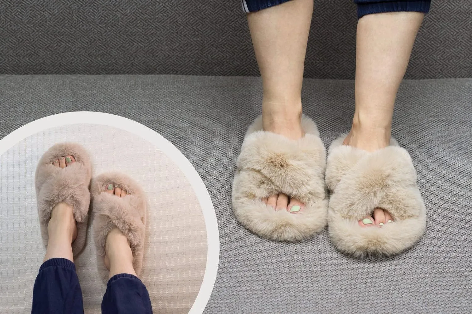 Crazy Lady Women's Fuzzy Fluffy Furry Fur Slippers Flip Flop Winter Warm Cozy House Memory Foam Sandals Slides Soft Flat Comfy Anti-Slip Spa Indoor Outdoor Slip on Light