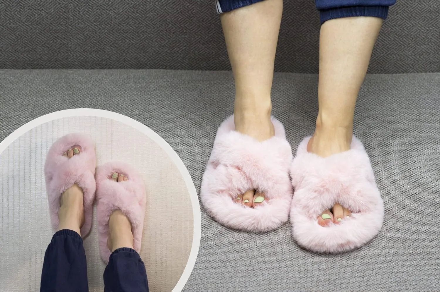 Crazy Lady Women's Fuzzy Fluffy Furry Fur Slippers Flip Flop Winter Warm Cozy House Memory Foam Sandals Slides Soft Flat Comfy Anti-Slip Spa Indoor Outdoor Slip on Light
