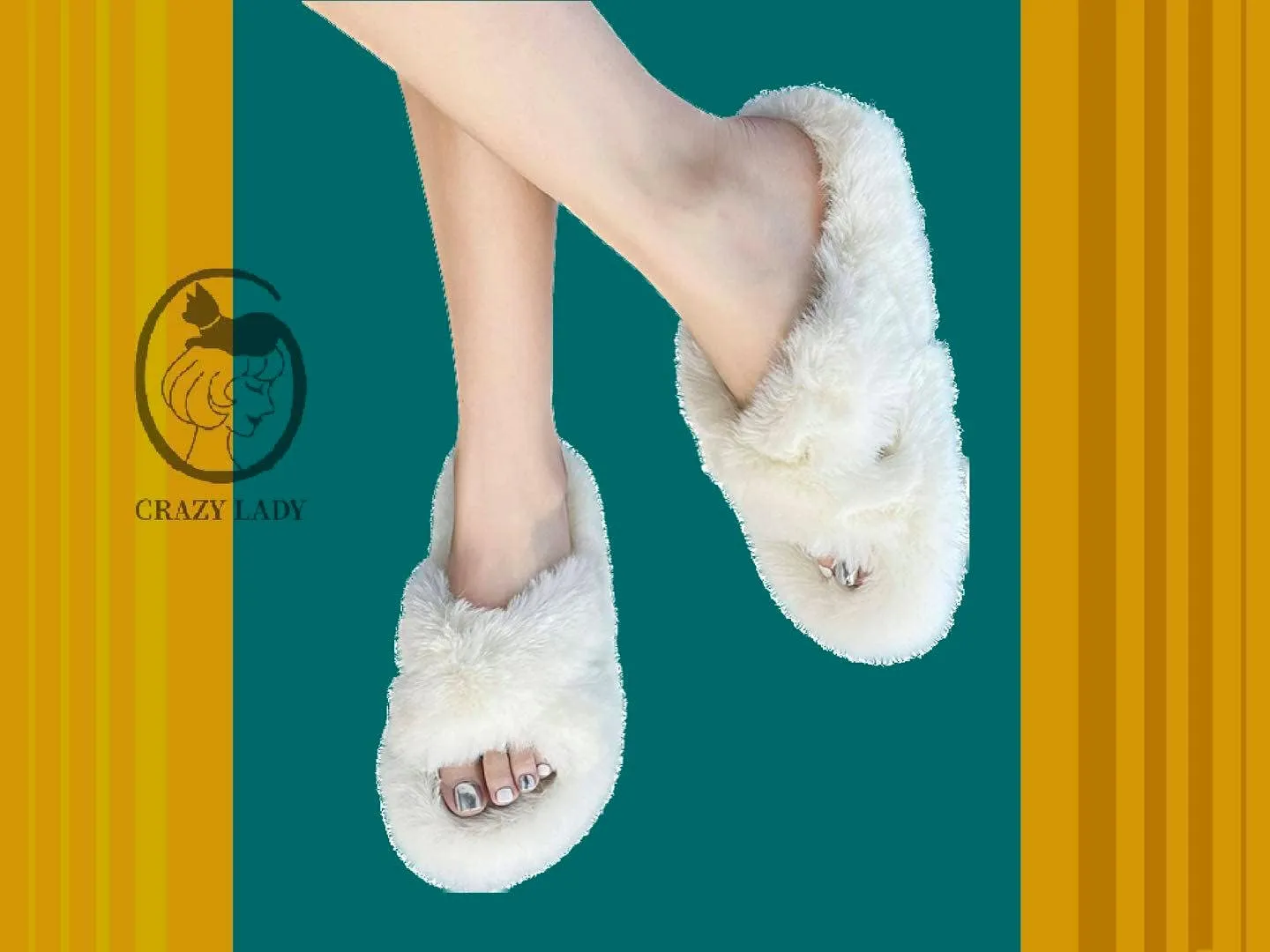 Crazy Lady Women's Fuzzy Fluffy Furry Fur Slippers Flip Flop Winter Warm Cozy House Memory Foam Sandals Slides Soft Flat Comfy Anti-Slip Spa Indoor Outdoor Slip on Light
