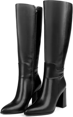 Dance&Style Women's Leather Boots Block Heels Shoes Fall Boots Knee High 30-Black 8 US