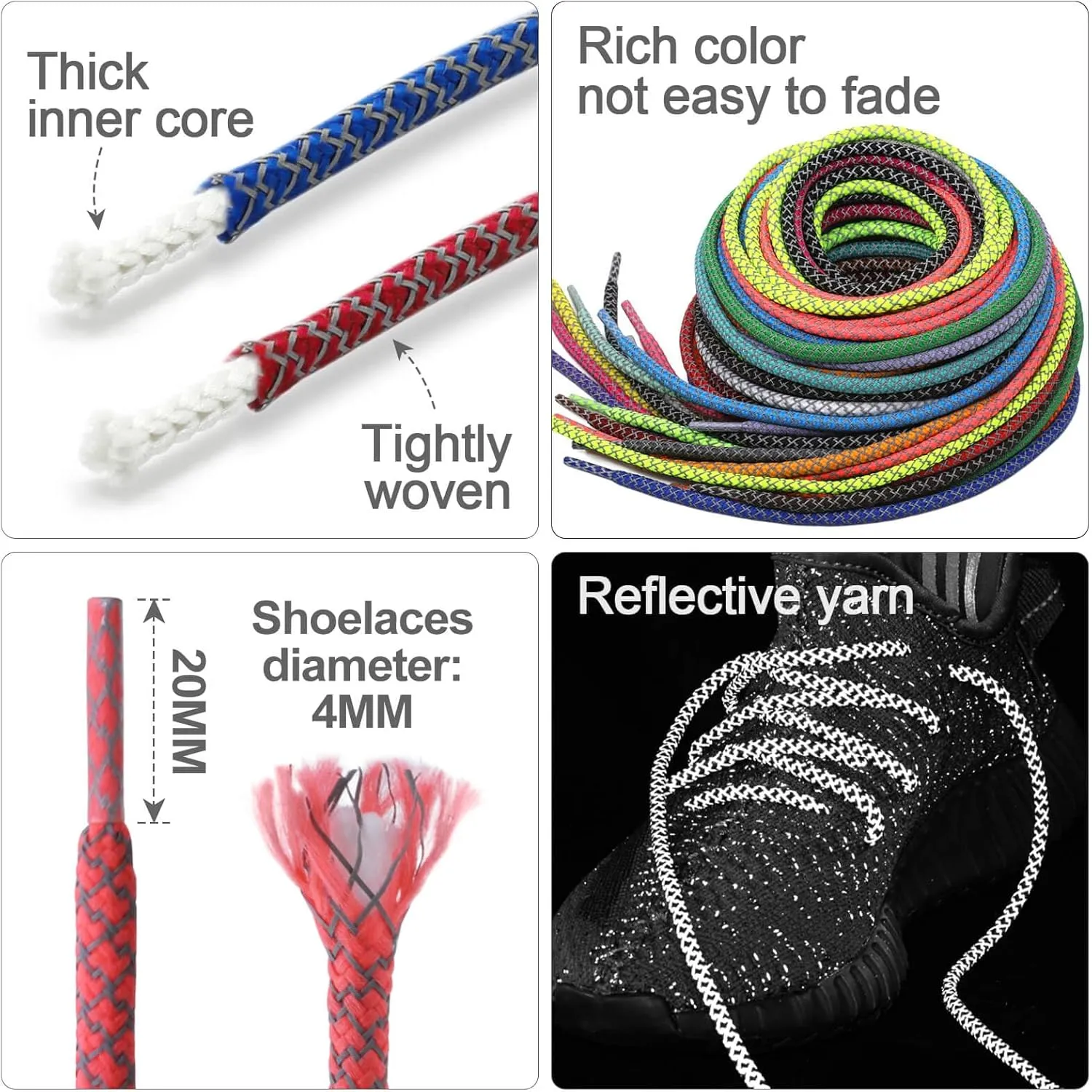 DELELE 2 Pairs 4/25" Thick Round Reflective Shoe Laces Safety Highlight Rope