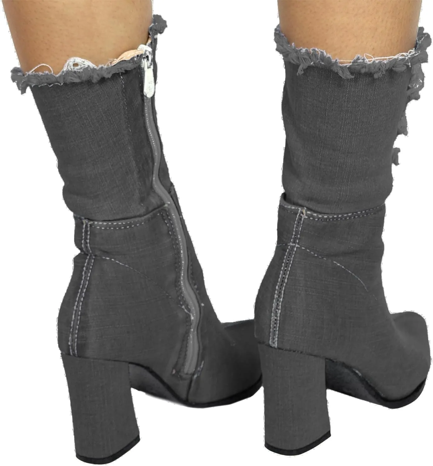 Denim Calf Heeled Boots - Block heels - Ripped