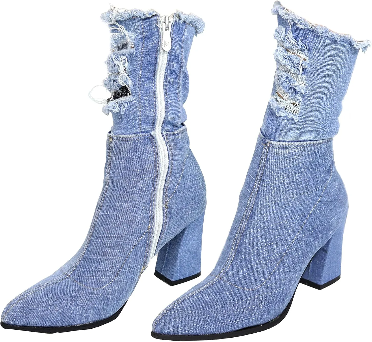 Denim Calf Heeled Boots - Block heels - Ripped