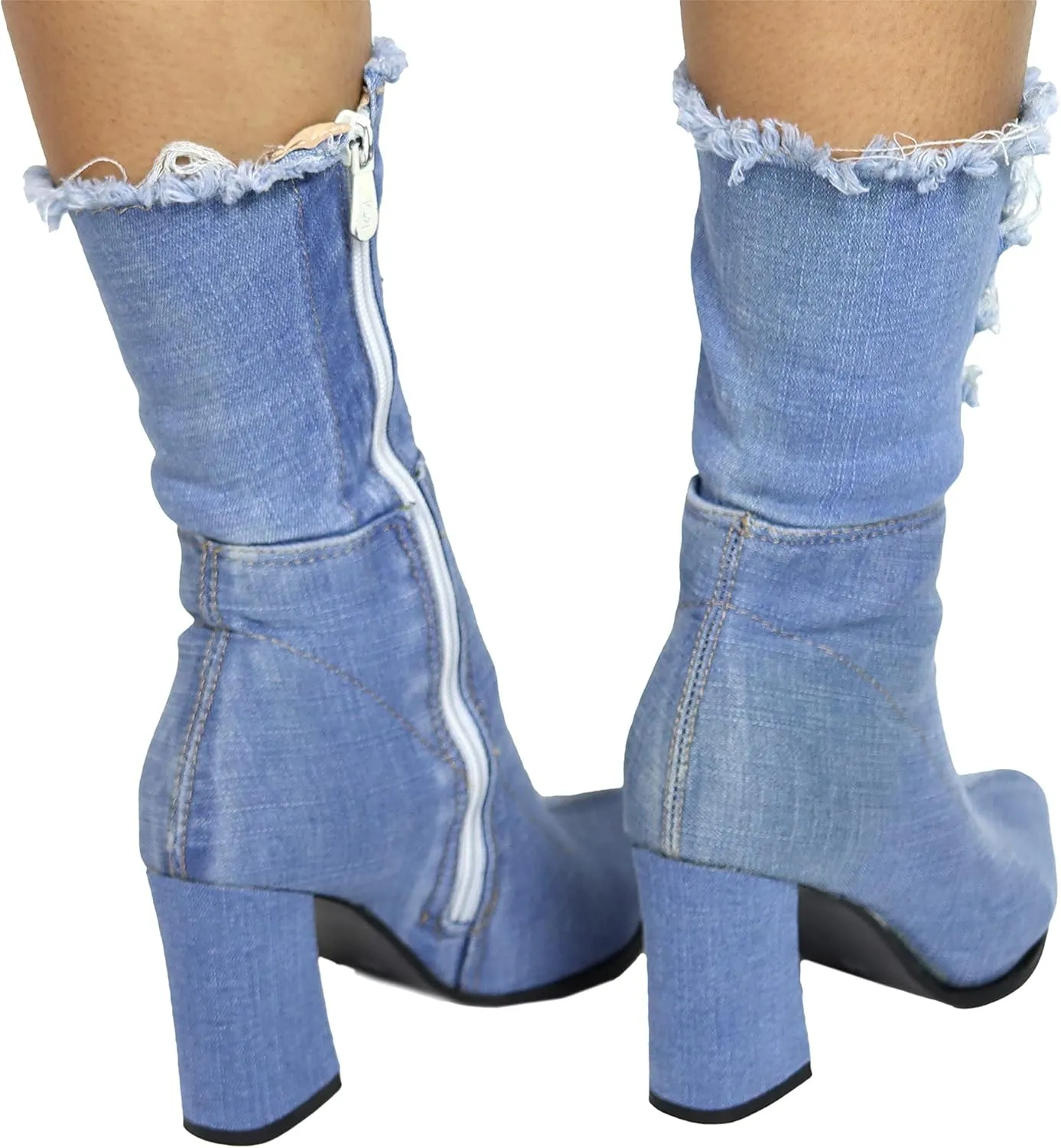 Denim Calf Heeled Boots - Block heels - Ripped