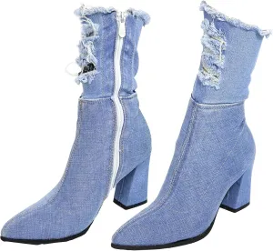Denim Calf Heeled Boots - Block heels - Ripped