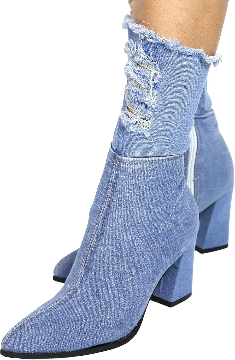 Denim Calf Heeled Boots - Block heels - Ripped
