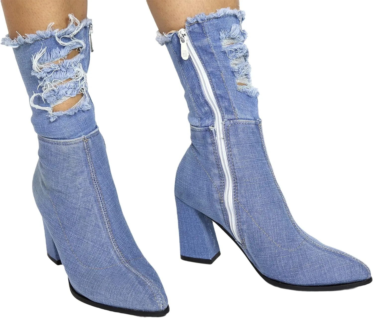 Denim Calf Heeled Boots - Block heels - Ripped