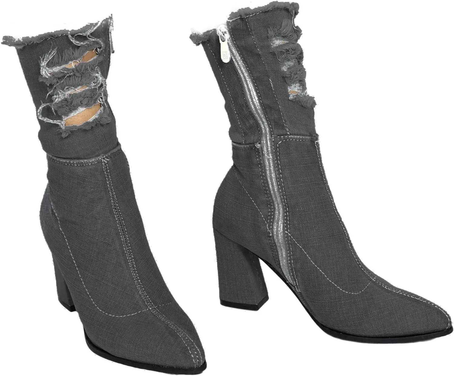 Denim Calf Heeled Boots - Block heels - Ripped
