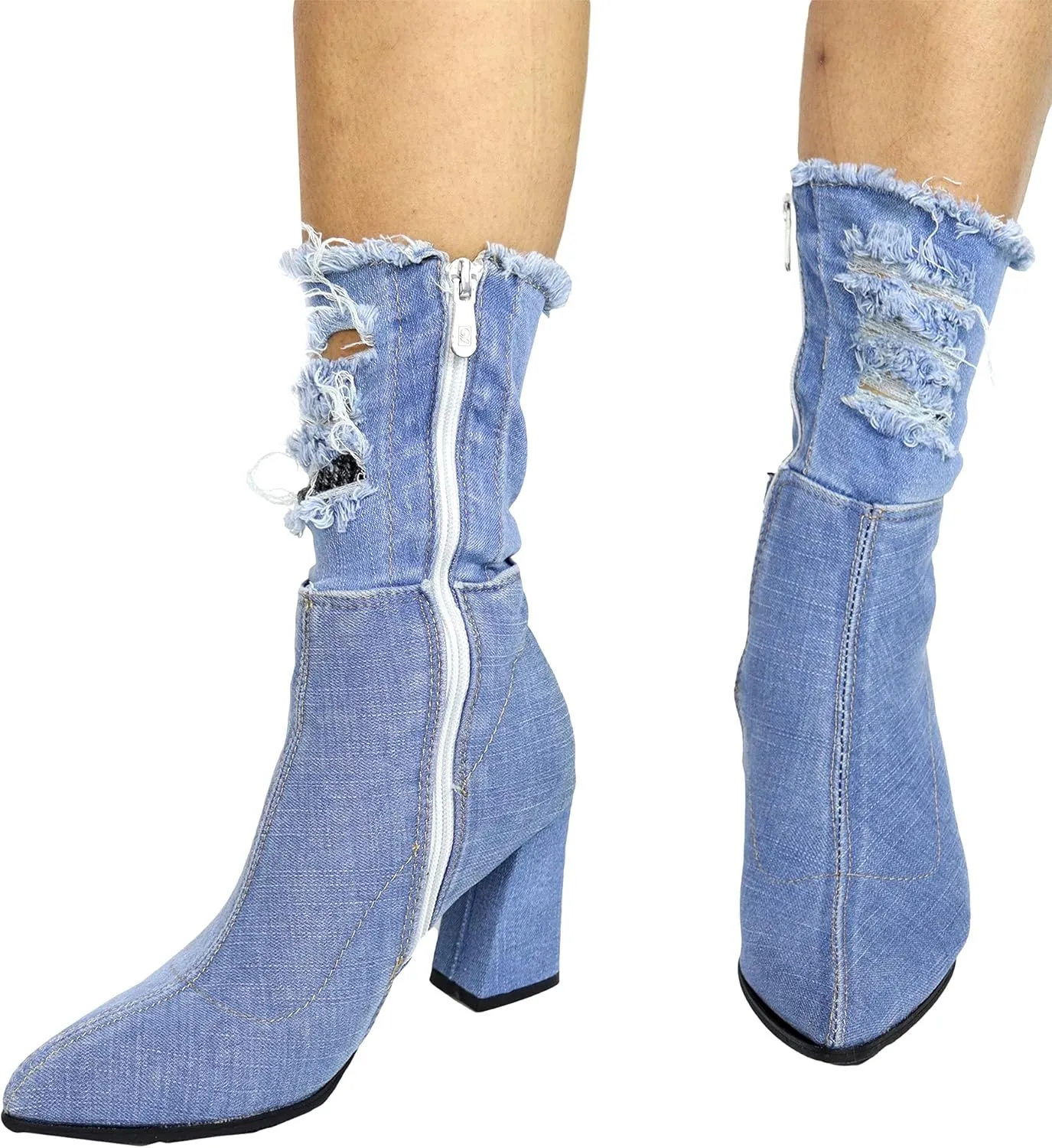 Denim Calf Heeled Boots - Block heels - Ripped