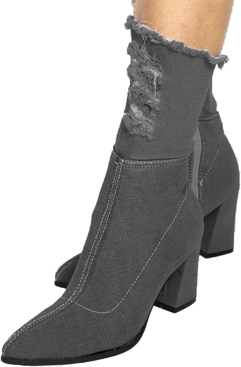 Denim Calf Heeled Boots - Block heels - Ripped