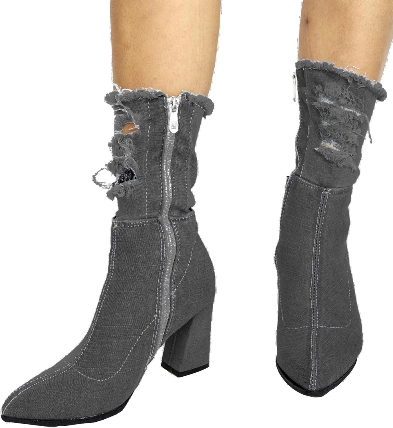 Denim Calf Heeled Boots - Block heels - Ripped