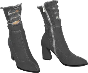 Denim Calf Heeled Boots - Block heels - Ripped