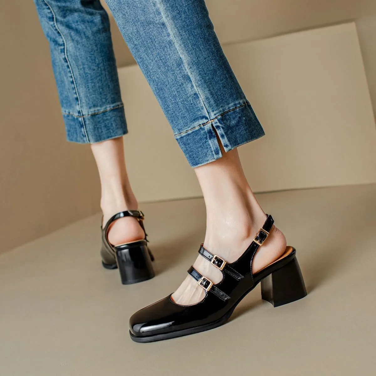 DINTAHA Goth Mary Jane Shoes Square Toe Slingback Heels Strappy Patent Leather Pumps