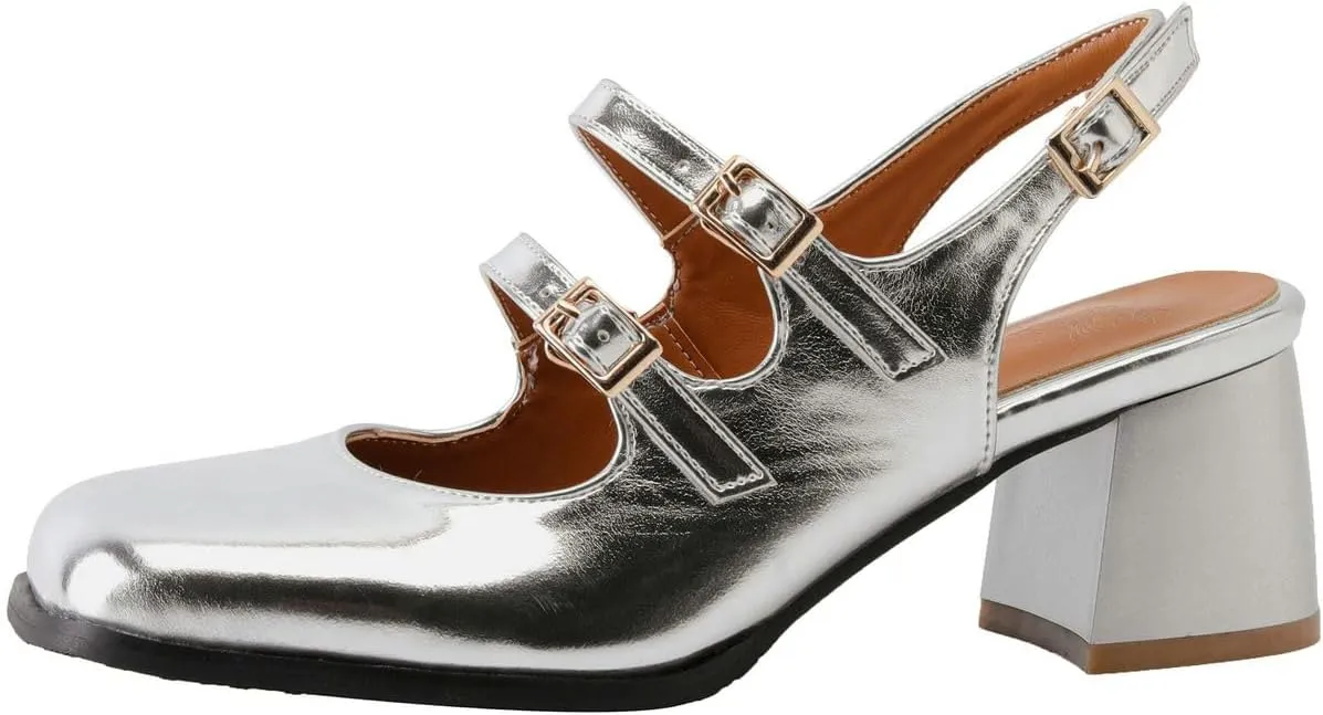 DINTAHA Goth Mary Jane Shoes Square Toe Slingback Heels Strappy Patent Leather Pumps