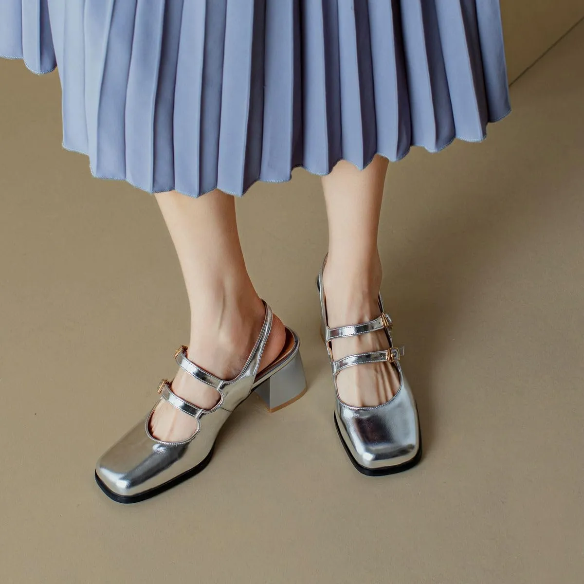 DINTAHA Goth Mary Jane Shoes Square Toe Slingback Heels Strappy Patent Leather Pumps