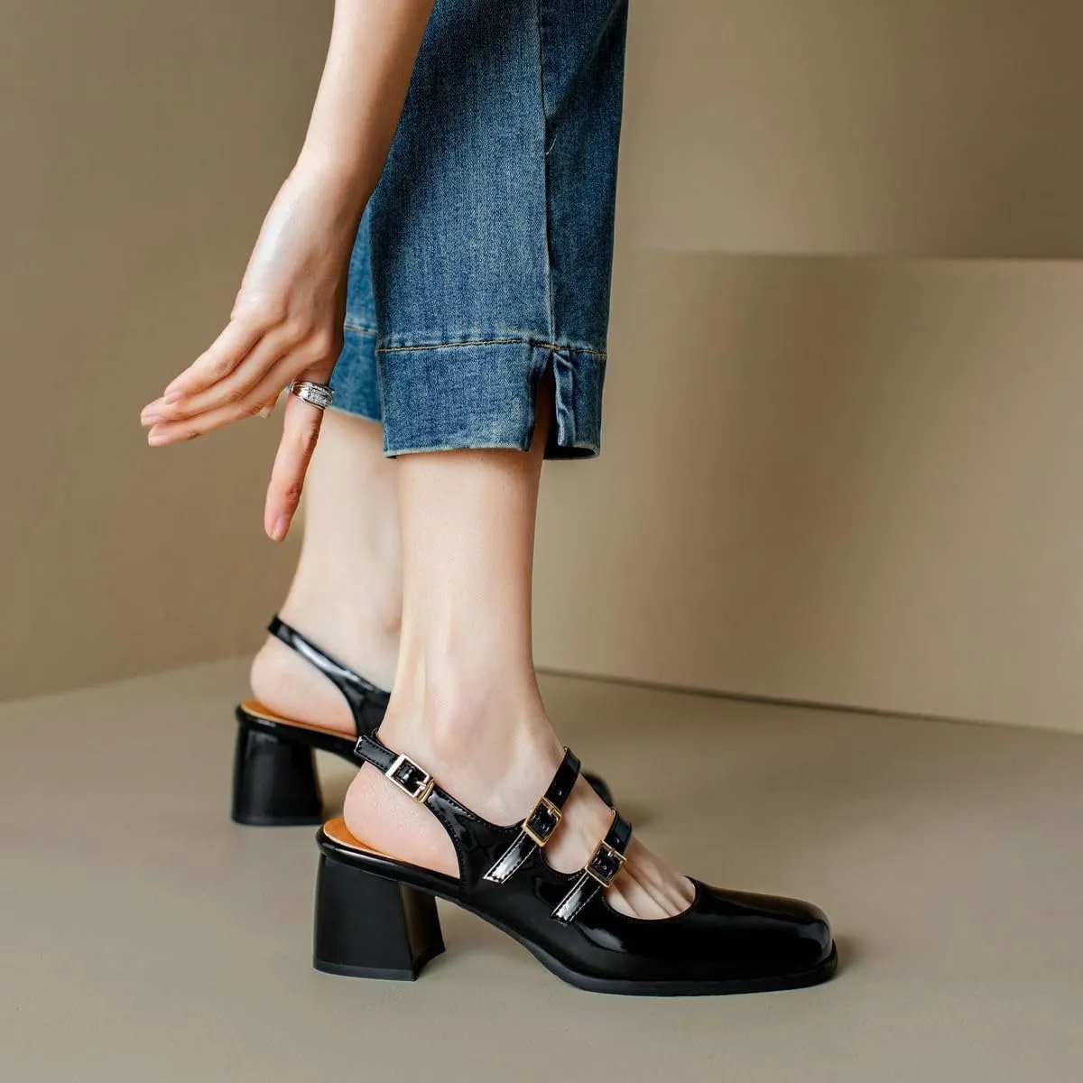 DINTAHA Goth Mary Jane Shoes Square Toe Slingback Heels Strappy Patent Leather Pumps