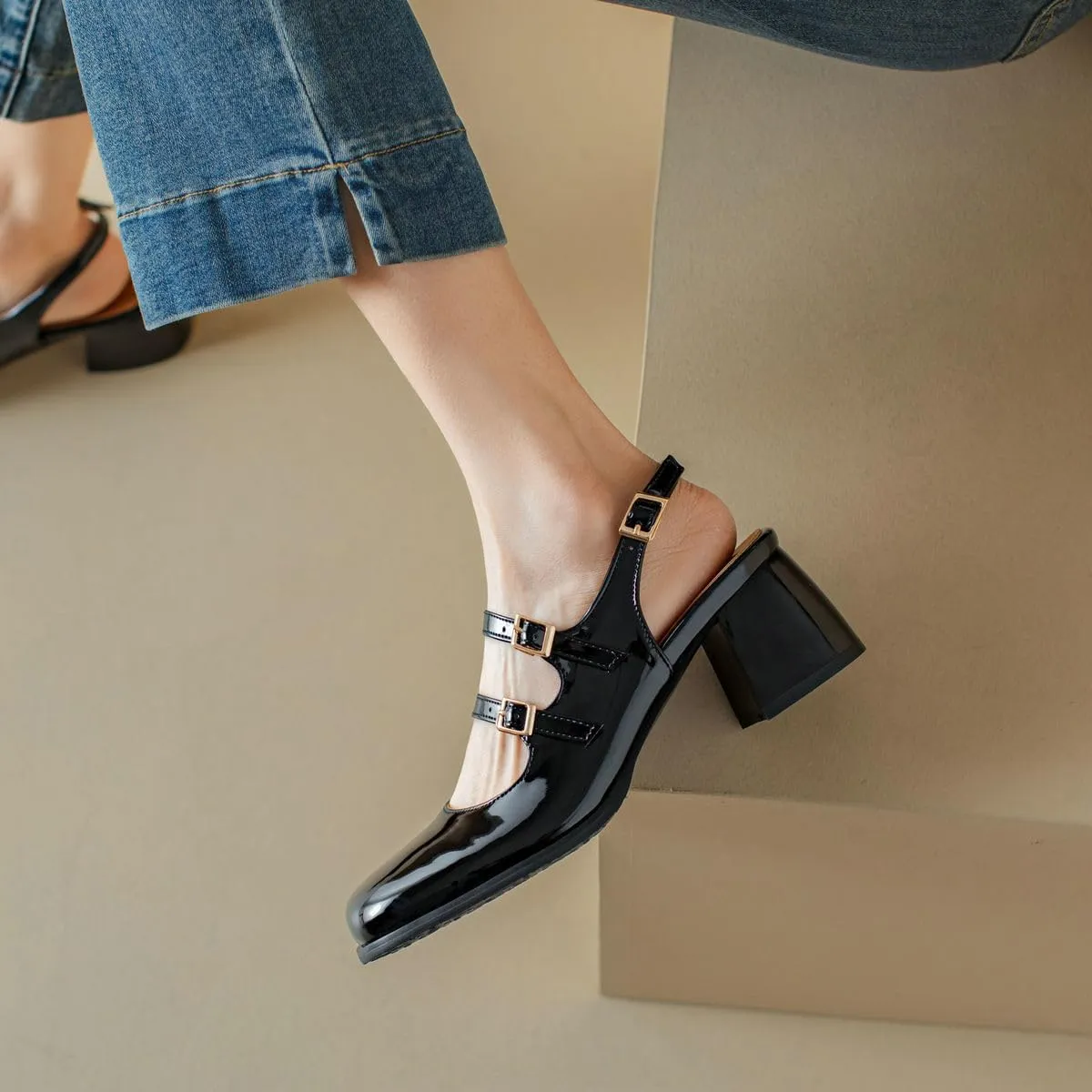 DINTAHA Goth Mary Jane Shoes Square Toe Slingback Heels Strappy Patent Leather Pumps