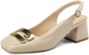 Elbslutt Women's Slingback Low Chunky Heels Pumps Patent Leather Square Toe Slip on Block Low Heels Sandals Dressy Pumps Ankle Buckle Mary Jane Heels for Women