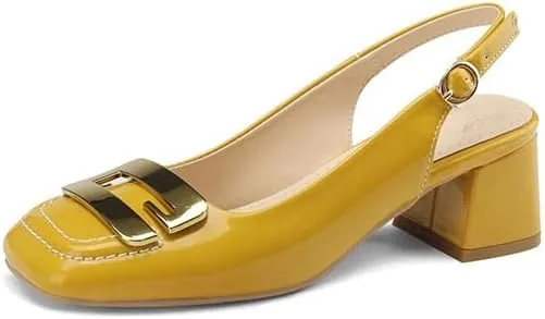 Elbslutt Women's Slingback Low Chunky Heels Pumps Patent Leather Square Toe Slip on Block Low Heels Sandals Dressy Pumps Ankle Buckle Mary Jane Heels for Women