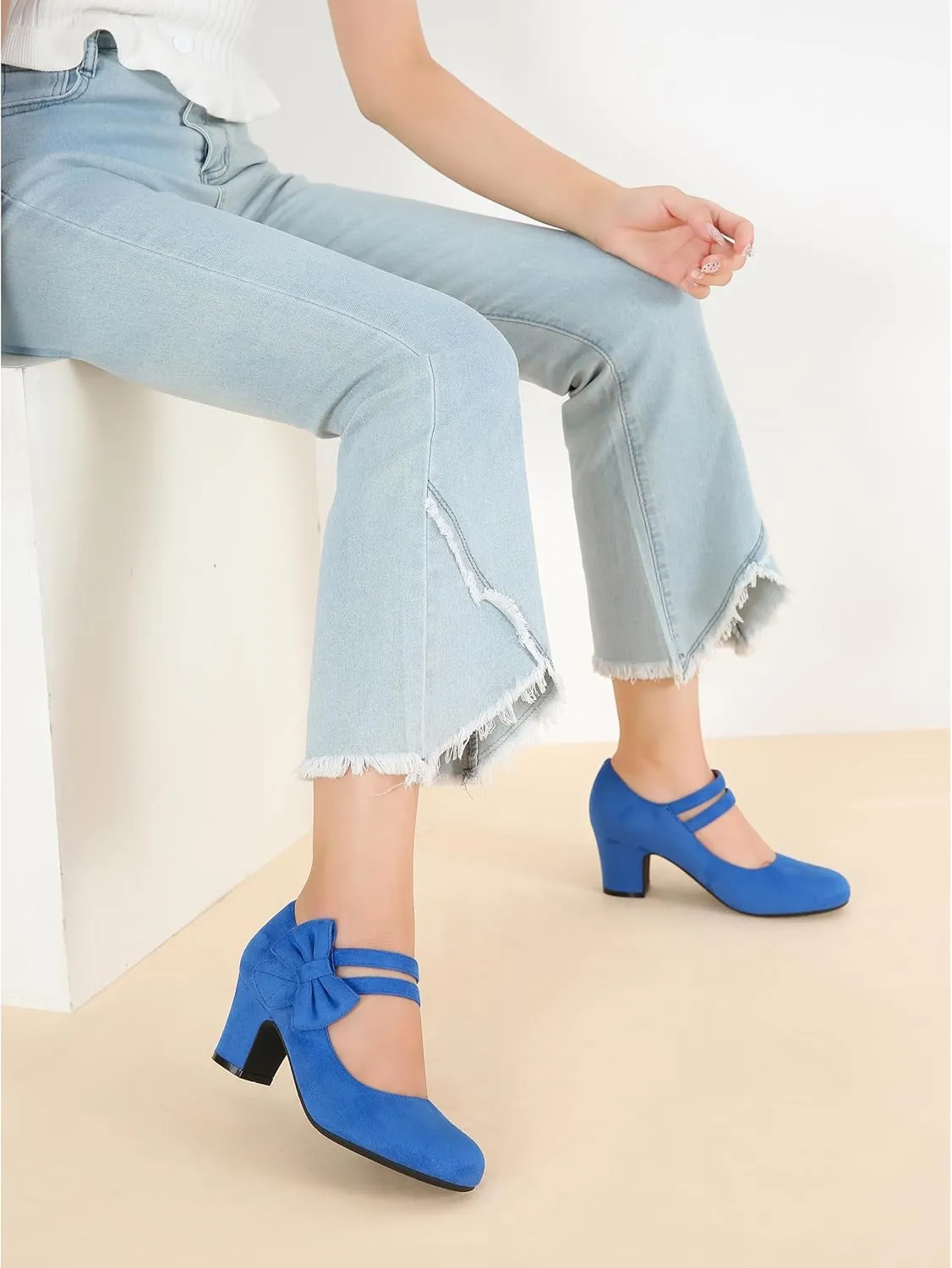 Enelauge Women's Mary Jane Heels with Bow Retro Closed Round Toe Pumps Sweet Ankle Strap Low Block Heels Chic Bowtie Vintage Dress Wedding Party Office Daily Shoes
