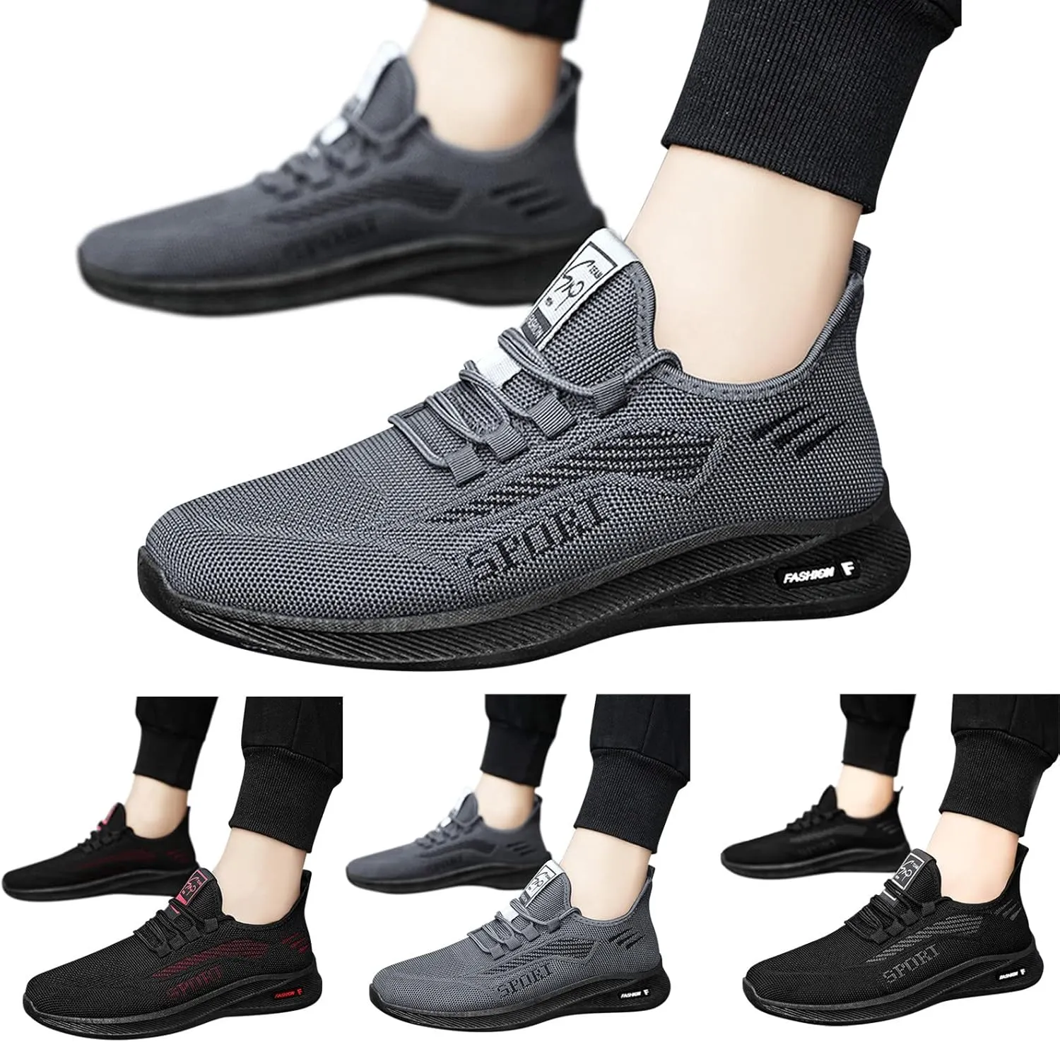 Fashionable Men Sports Shoes Flat Fly Woven Mesh Breathable Comfortable Lace Up Slip On Sneaker Shelf for Men