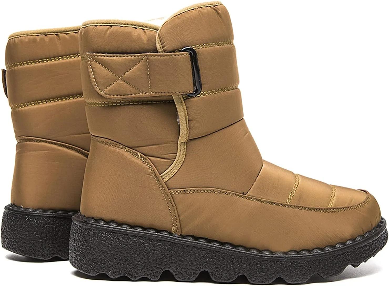 Fleece Lined Thick Mid-Calf Snow Boot for Women Outdoor Hiking Waterproof Cotton Chunky Heel Flat Boot with Buckle
