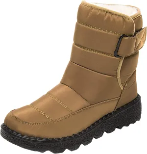 Fleece Lined Thick Mid-Calf Snow Boot for Women Outdoor Hiking Waterproof Cotton Chunky Heel Flat Boot with Buckle