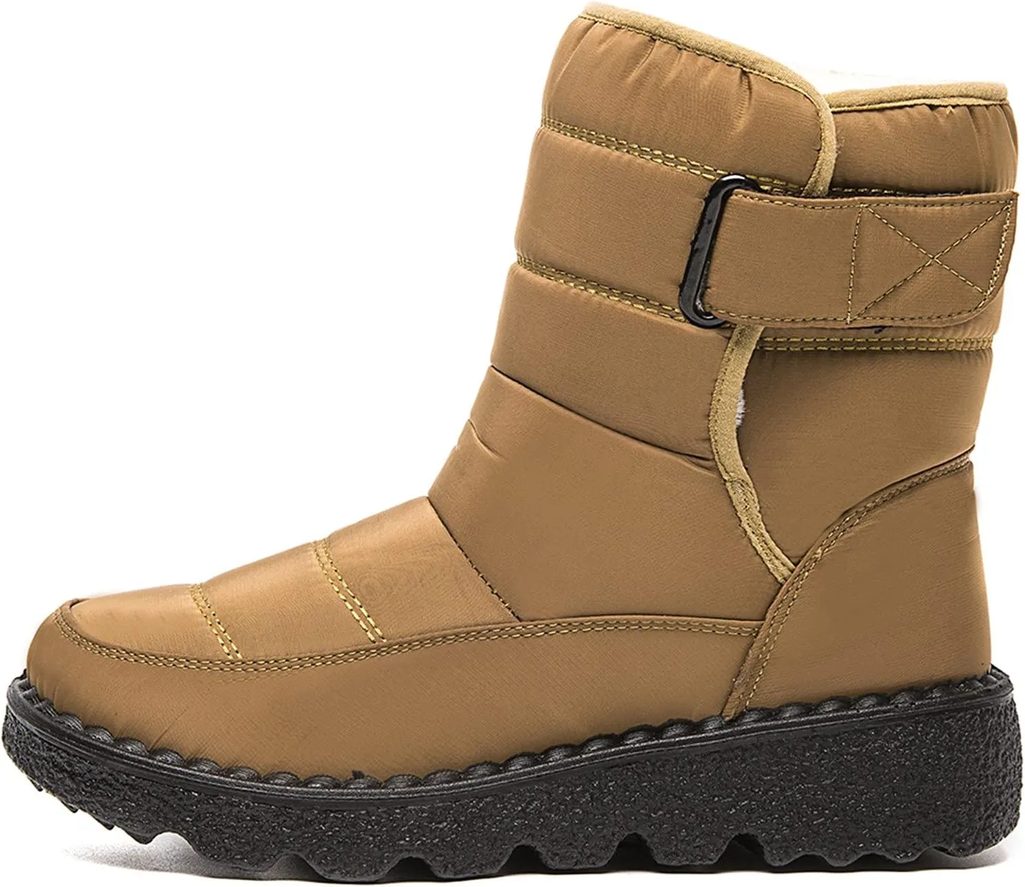 Fleece Lined Thick Mid-Calf Snow Boot for Women Outdoor Hiking Waterproof Cotton Chunky Heel Flat Boot with Buckle