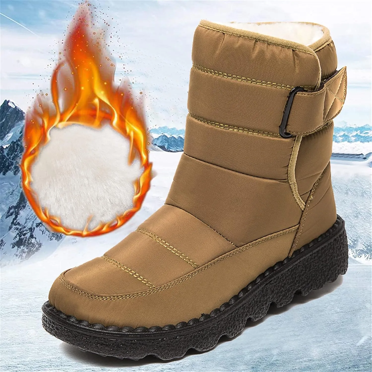 Fleece Lined Thick Mid-Calf Snow Boot for Women Outdoor Hiking Waterproof Cotton Chunky Heel Flat Boot with Buckle