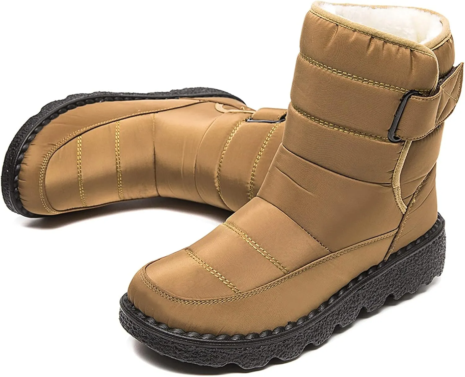 Fleece Lined Thick Mid-Calf Snow Boot for Women Outdoor Hiking Waterproof Cotton Chunky Heel Flat Boot with Buckle