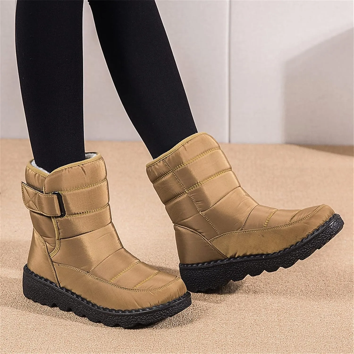 Fleece Lined Thick Mid-Calf Snow Boot for Women Outdoor Hiking Waterproof Cotton Chunky Heel Flat Boot with Buckle