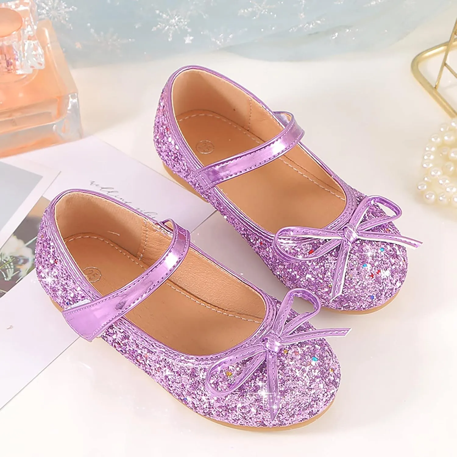 Girls Dress Shoes Wedding Party School Mary Jane Flower Flats Glitter Sequins Slip On Ballet Dance Shoes
