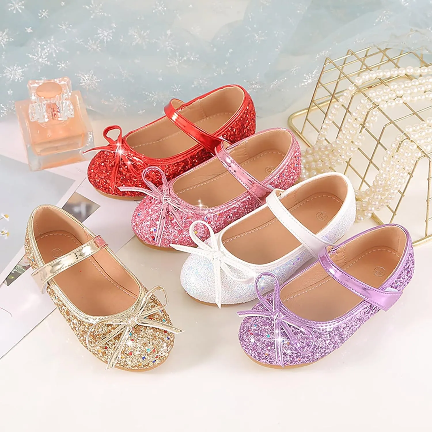 Girls Dress Shoes Wedding Party School Mary Jane Flower Flats Glitter Sequins Slip On Ballet Dance Shoes
