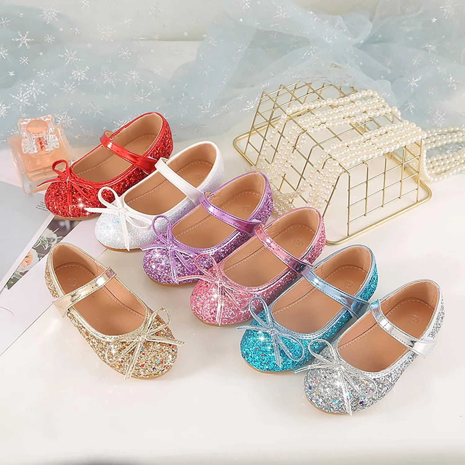 Girls Dress Shoes Wedding Party School Mary Jane Flower Flats Glitter Sequins Slip On Ballet Dance Shoes