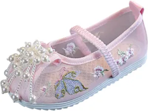 Girls Floral Embroidered Canvas Shoes Casual Round Toe Mary Jane Ballet Yoga Flats Slip On Shoes for Toddler
