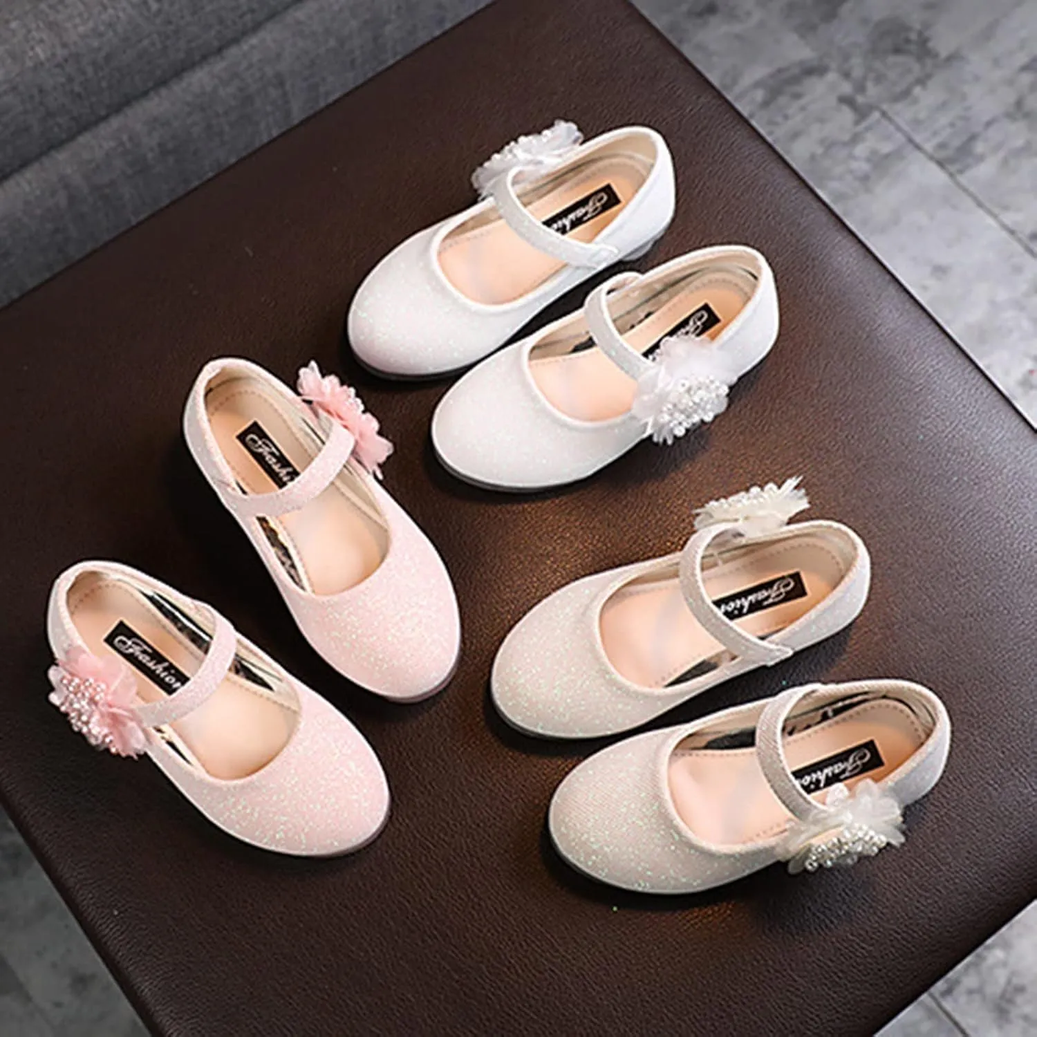 Girls Mary Jane Flats with Flower Low Heels Flower Girl Dress Shoes Pump Toddler Girls School Party Wedding Shoes