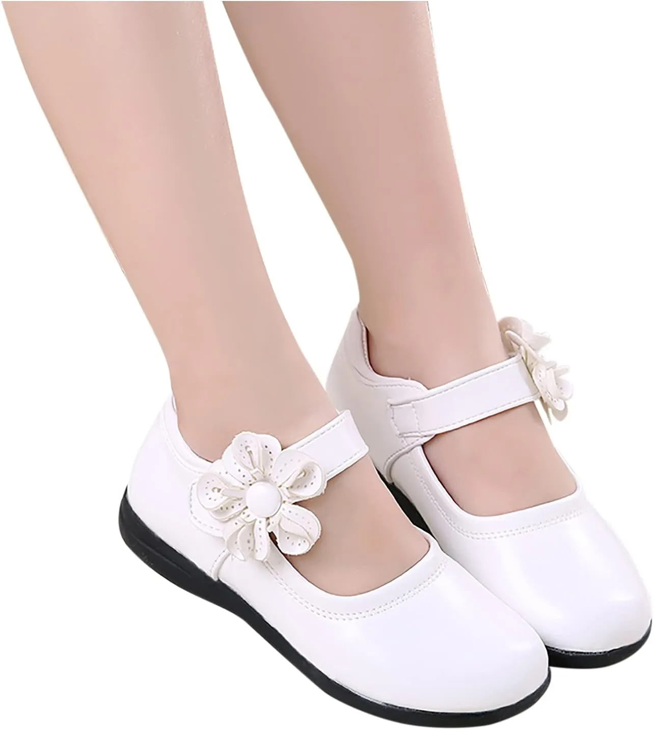 Girls Mary Jane School niform Shoes Non-Slip Hook and Loop Princess Flower Flat for Birthday Wedding Pary