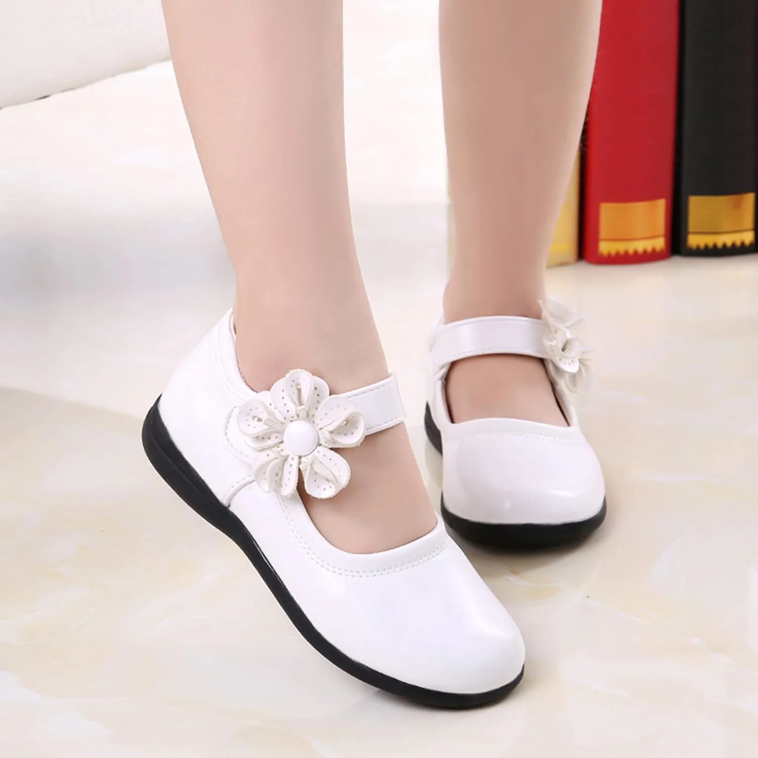 Girls Mary Jane School niform Shoes Non-Slip Hook and Loop Princess Flower Flat for Birthday Wedding Pary
