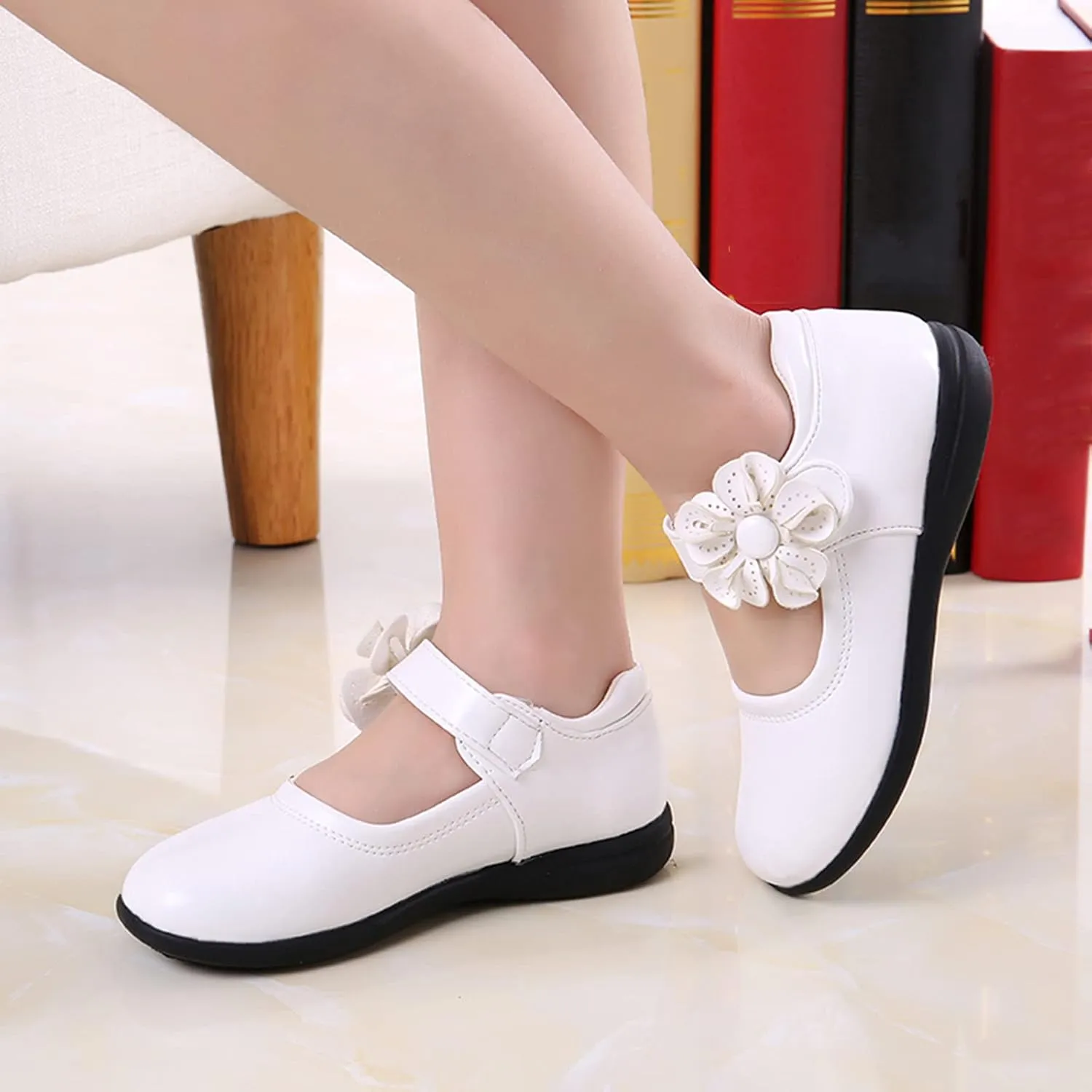 Girls Mary Jane School niform Shoes Non-Slip Hook and Loop Princess Flower Flat for Birthday Wedding Pary