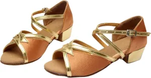 Girls Soft-Soled Glittering Latin Ballroom Dance Sandals Big Kids Low Heels Sequins Tango Practice Shoes