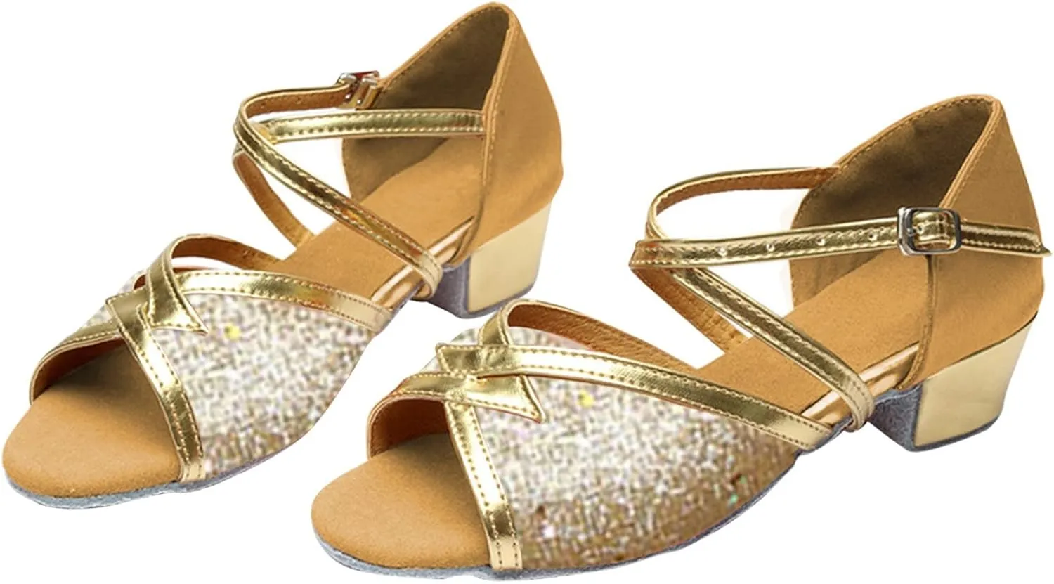 Girls Soft-Soled Glittering Latin Ballroom Dance Sandals Big Kids Low Heels Sequins Tango Practice Shoes