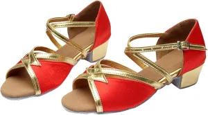 Girls Soft-Soled Glittering Latin Ballroom Dance Sandals Big Kids Low Heels Sequins Tango Practice Shoes
