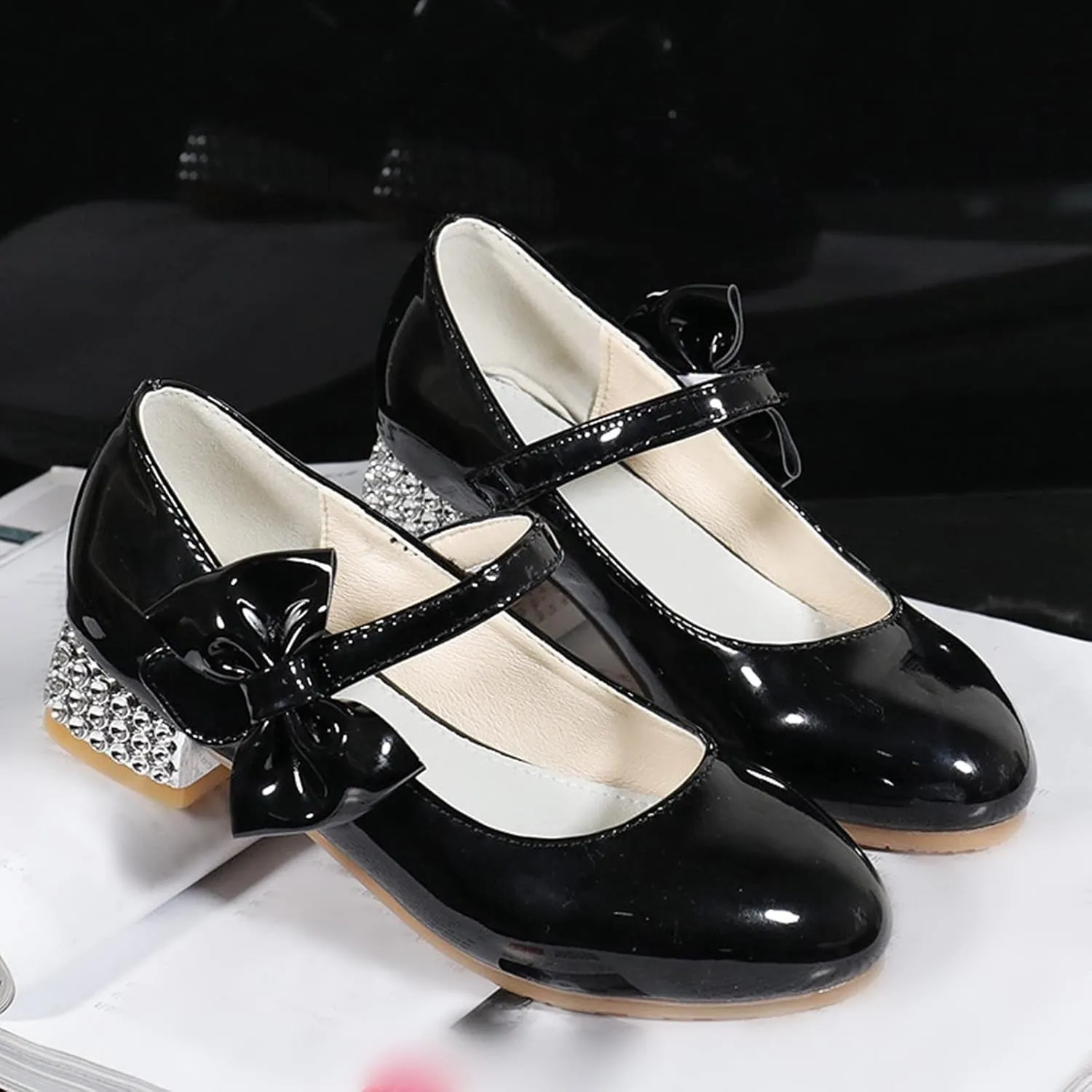 Girls Toddler Princess Shoes Dress Mary Jane Glitter Low Heels Wedding with Bow Buckle Dance Shoes for Kids Baby