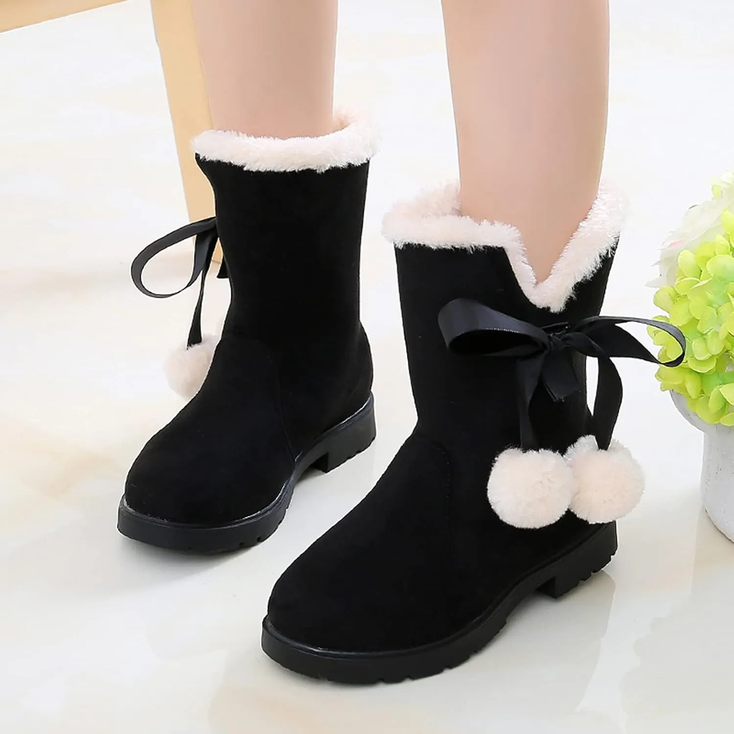 Girls Winter Warm Boots Fuzzy Fleece Lined Snow Boots Mid Calf Booties Furry Faux Fur Lining Shoes Little/Big Kids